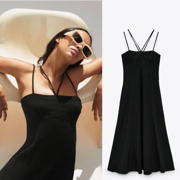NWT Zara LINEN BLEND DRESS M Black | 3067/303 - Picture 1 of 13